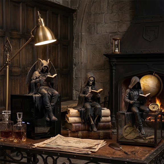 3-Piece 4.72 Inch Gothic Reading Reaper Figurine Set, Assorted Dark Academia Bookshelf Collection, Mini Halloween Home Decor Statues (3-Piece Set, 12cm)