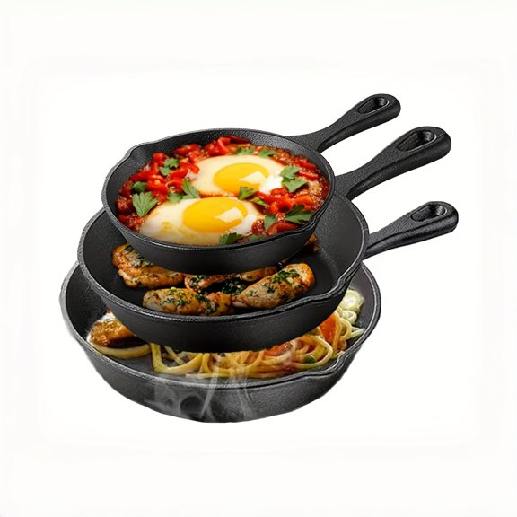 3-Piece/4-Piece Professional Heavy Duty Restaurant Cookware Set - 6"/8"/10" Seasoned Frying Pans - Superior Heat Retention, Non-Stick Surface - Indoor/Outdoor Cooking for Pizza, Steak & More