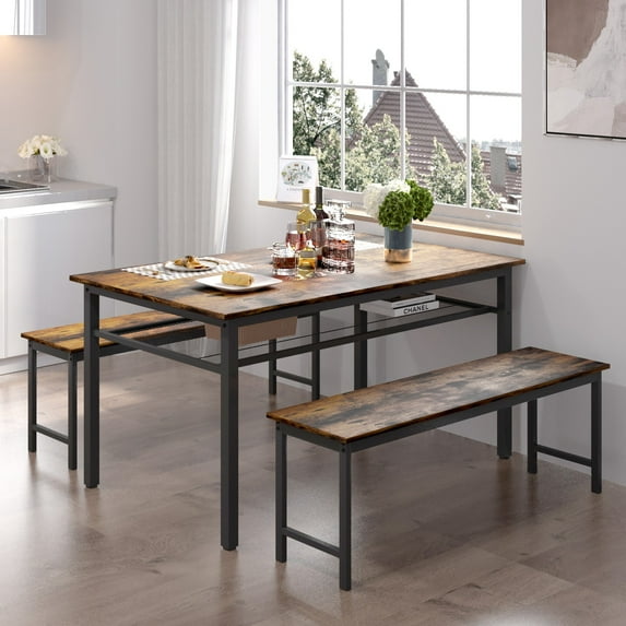 3-Piece 43 Inch Farmhouse Dining Table Set for 4-6, 3-Piece Kitchen Table with 2 Benches, Space-Saving Dining Room Table Set for Home Kitchen, Restaurant