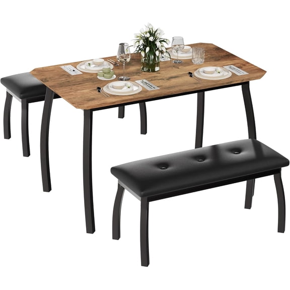 3-Piece 44 Inch Extendable Kitchen Table Set with 2 Benches, Space Saving Dining Table for 4-6 People, Modern Breakfast Nook Set for kitchen Retro Color