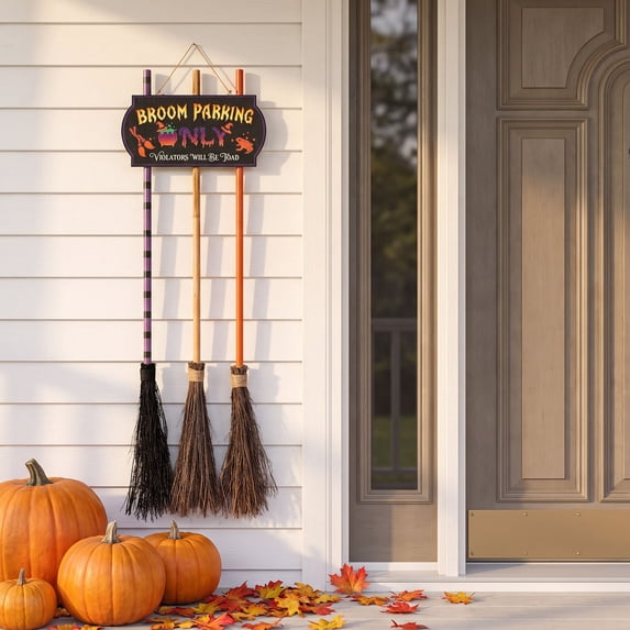 3 Piece 47" Witch Broom Hanging Decor Set, Spooky Wooden Pendant Ornaments with Rope Hooks for Wall Door Porch Yard Halloween Party Scene Display