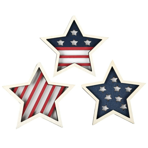 3-Piece 4th of July Wooden Star Signs - Patriotic Tiered Tray Decor for Independence Day | Red, White & Blue Rustic Table Blocks for Home, Office & Memorial Day Celebrations