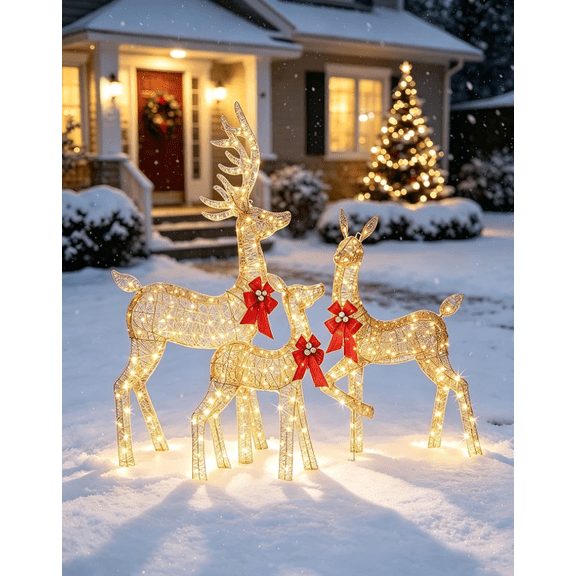 3 Piece 5 ft Gold Lighted Christmas Deer Family Set, 360 LED 3D Reindeer Outdoor Decoration, Weatherproof with Ground Stakes, Zip Ties, 4 m Cord, 3V 4.5W for Patio, Garden, Lawn
