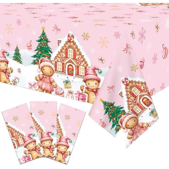 3-Piece 54 x 108 Inch Pink Gingerbread Plastic Tablecloth – Disposable ...