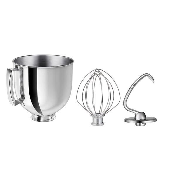3-Piece 5QT Stainless Steel Mixer Bowl Set for KitchenAid 4.5-5QT Tilt-Head Mixers (Artisan/Classic) - Includes Bowl with Handle, 6-Wire Whisk & Dough Hook, Dishwasher Safe