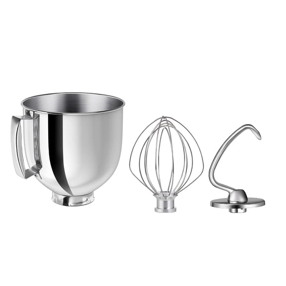3-Piece 5QT Steel Bowl Set: Handle, 6-Wire Whisk & Dough Hook for KitchenAid Tilt