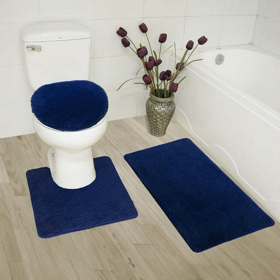 3 Piece #6 navy blue solid bathroom rug set 1 bat mat 19" x 30" , 1 contour mat 19"X 19", 1 lid cover 19"X 19" anti slip with rubber backing chenille super soft touch
