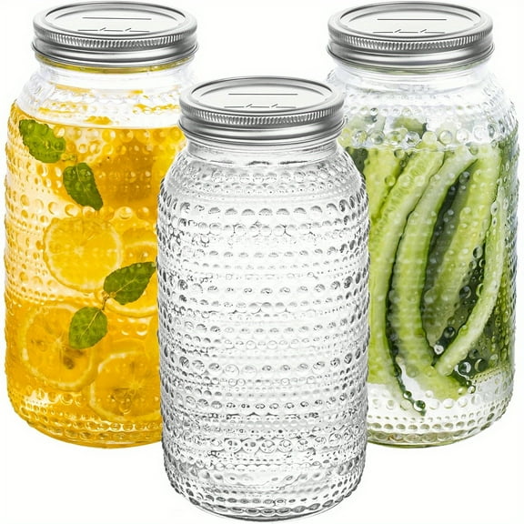 3-Piece 64oz Wide Mouth Glass Mason Jars - Airtight Canning Storage Containers