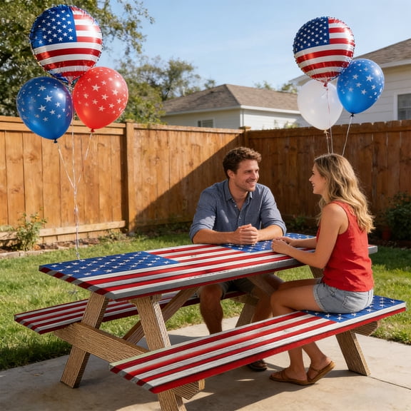 3 Piece 72x30 Inch Patriotic Flag Table Cover Set, Waterproof Windproof Wood Grain Fitted Tablecloth with 2 Seat Covers, Polyester Table Cover for Outdoor Camping Patio BBQ Party Decor