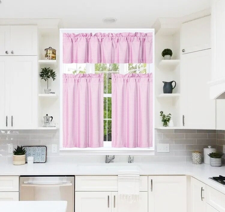 3-Piece 7LO LIGHT PINK Blackout Rod Pocket Kitchen Curtain Set, Two (2 ...