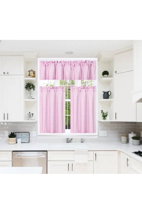 3-Piece 7LO LIGHT PINK Blackout Rod Pocket Kitchen Curtain Set, Two (2) Geometric Design Tier Panels with One (1) Matching Swag Valance Included