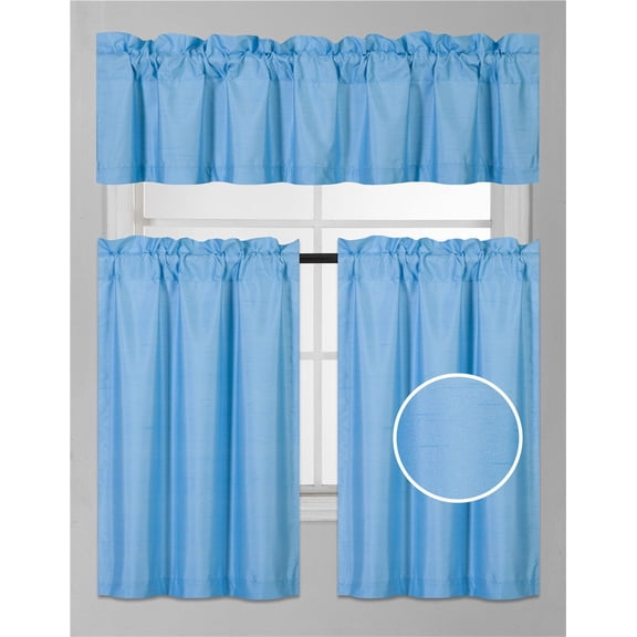 3-Piece 7LO Turquoise Blackout Rod Pocket Kitchen Curtain Set, Two (2) Geometric Design Tier Panels with One (1) Matching Swag Valance Included