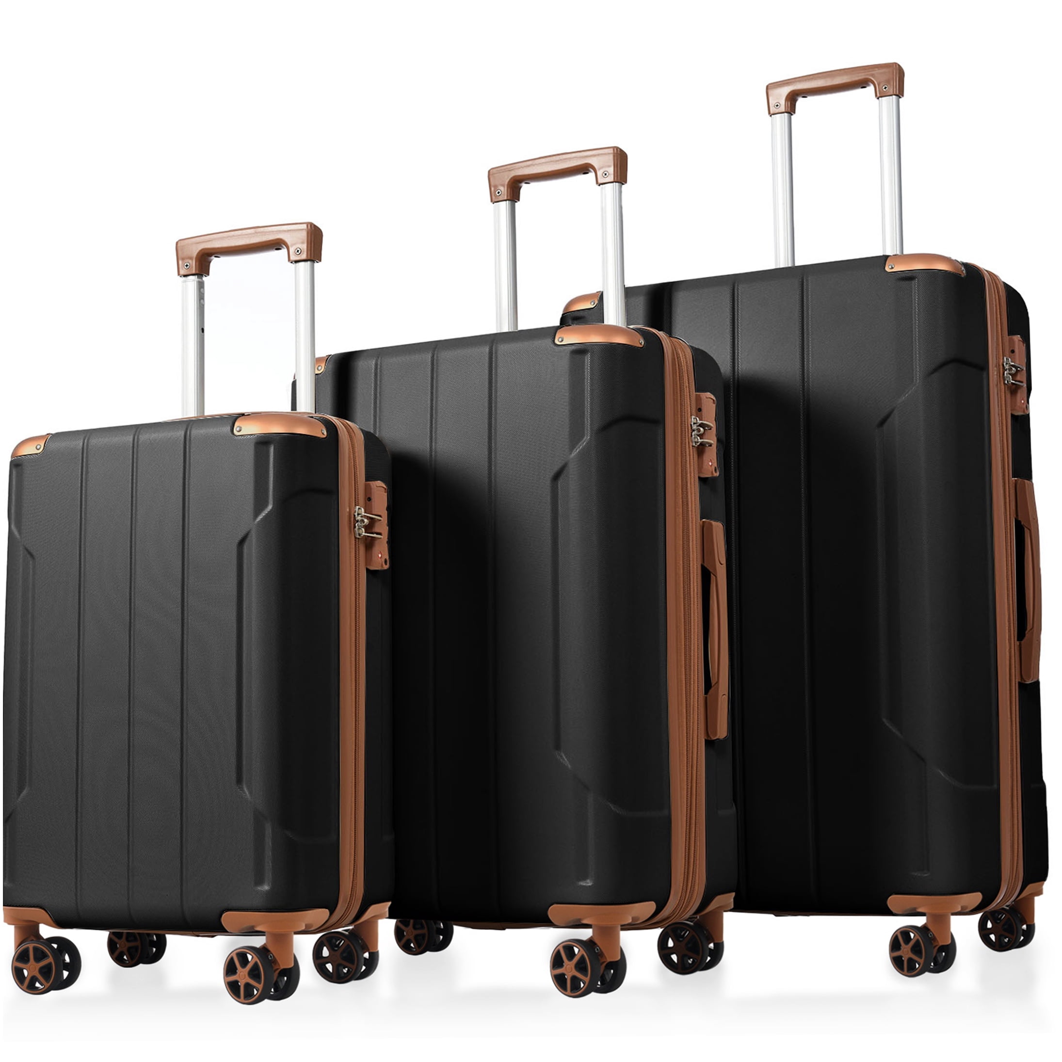 3 Piece ABS Hard Shell Luggage Set with Spinner Wheels and TSA Lock, Expandable Suitcases for Travel (Black Brown)