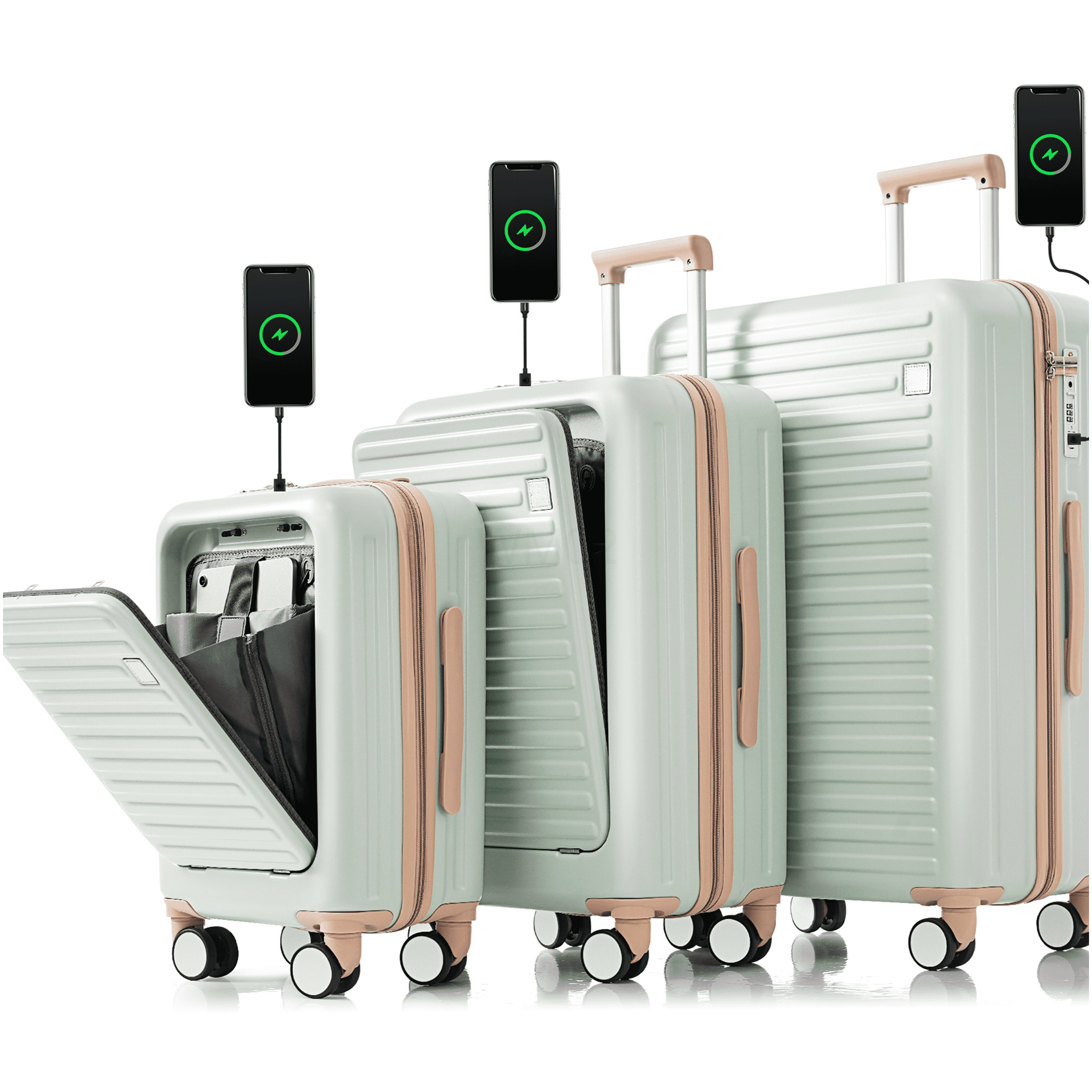 3-Piece ABS Hard Shell Luggage Set with USB Ports, Front Opening Suitcases, 360° Spinner Wheels & Cup Holder, Gray