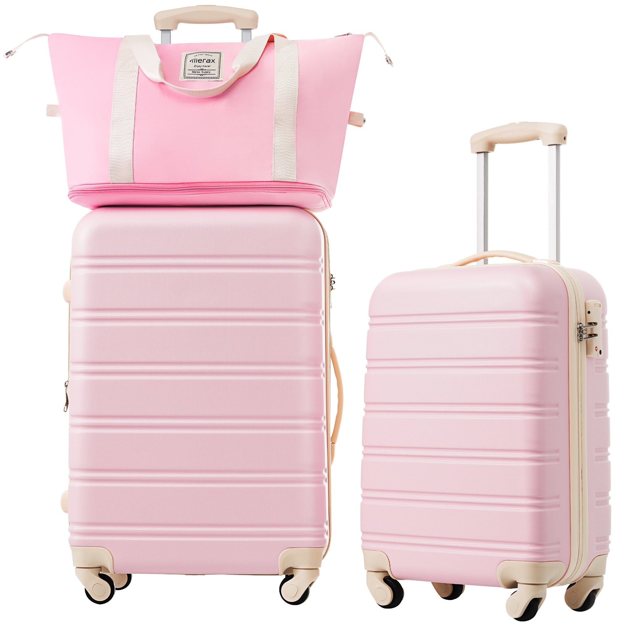 3 Piece ABS Hard Shell Luggage Sets with Big Travel Bag,Lightweight Suitcase with TSA Lock,Airline Certified Carry-on Luggage(20/24in),Light Pink