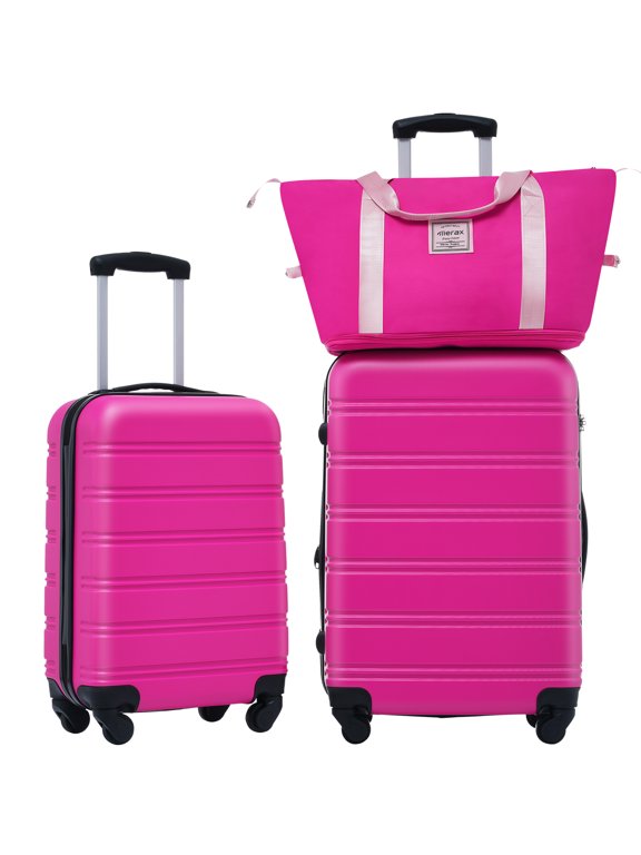 3 Piece ABS Hard Shell Luggage Sets with Big Travel Bag,Lightweight Suitcase with TSA Lock,Airline Certified Carry-on Luggage(20/24in),Pink