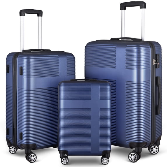 3-Piece ABS Hard Shell Luggage with TSA Lock, 20-Inch, 24-Inch and 28-Inch Travel Suitcase with Spinner Wheels, Cross Stripe Carry On Luggage Suitcase with Hook, Dark Blue