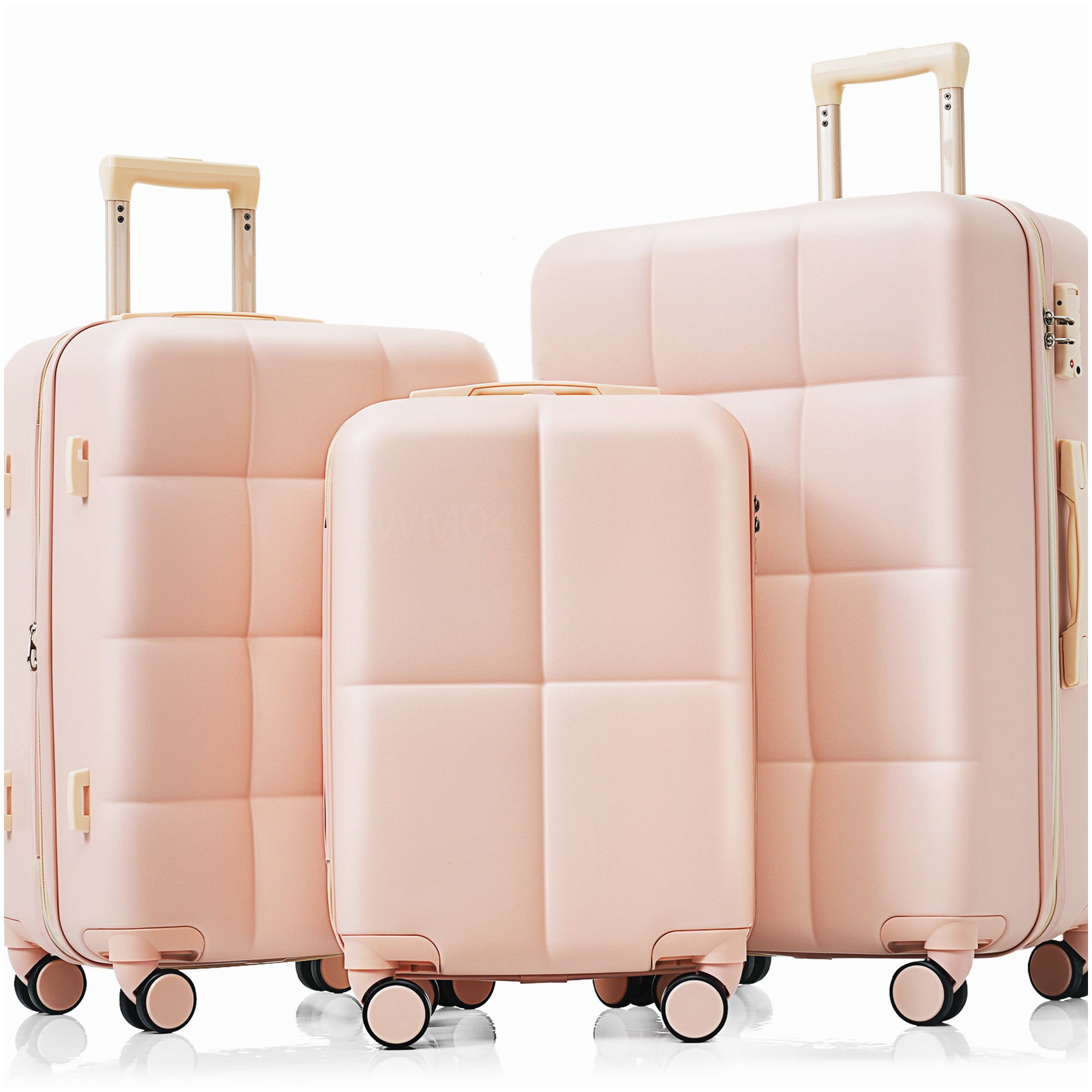 3-Piece ABS Hard Shell Spinner Luggage Set, Pink Suitcase with Built-In Cup Holder, Airline Approved