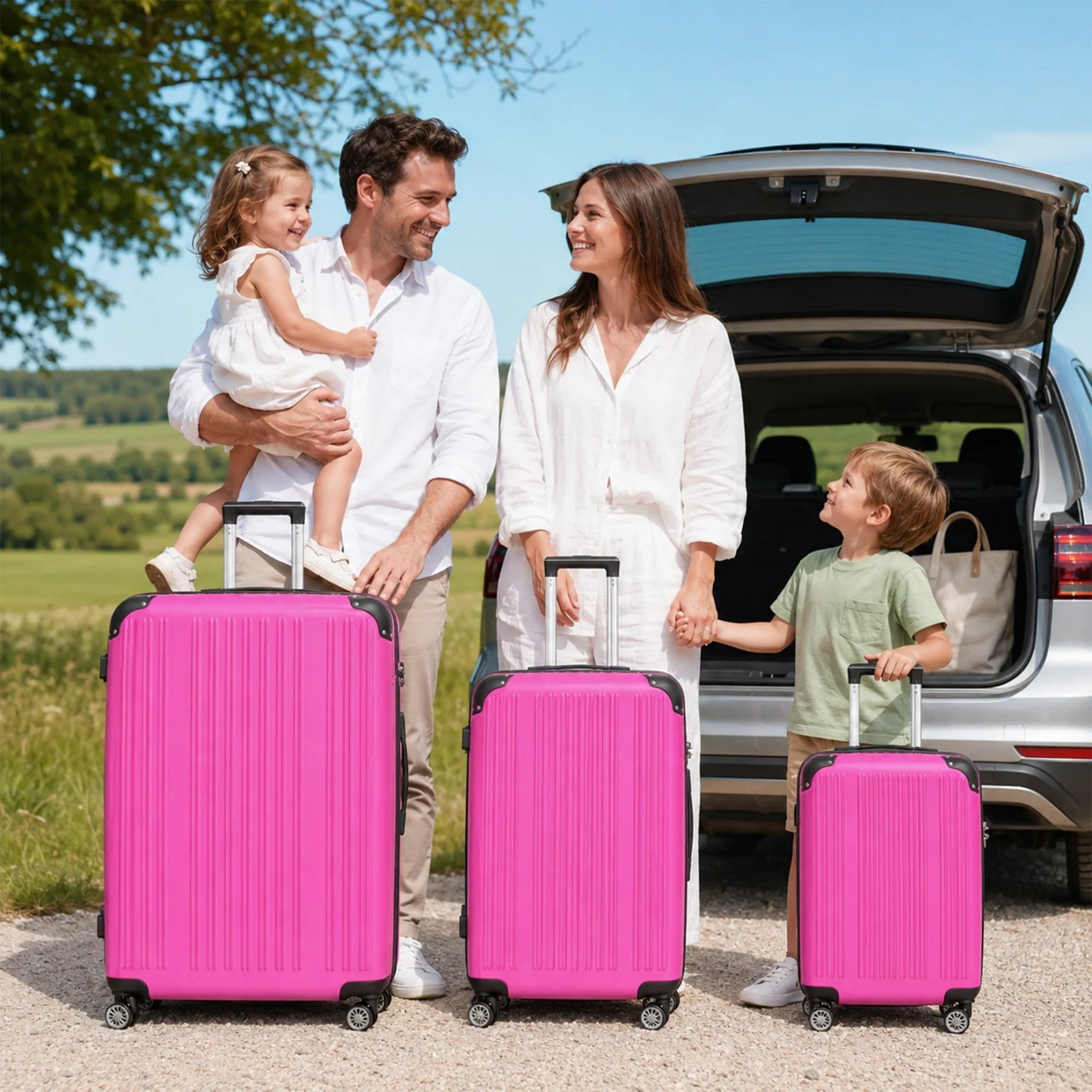 3-Piece ABS Hardshell Luggage Set, 20"/24"/28" Lightweight Suitcases with Metal Corner Guards, TSA Lock, 360° Silent Spinner Wheels & Scratch-Resistant Shell, Barbie Pink