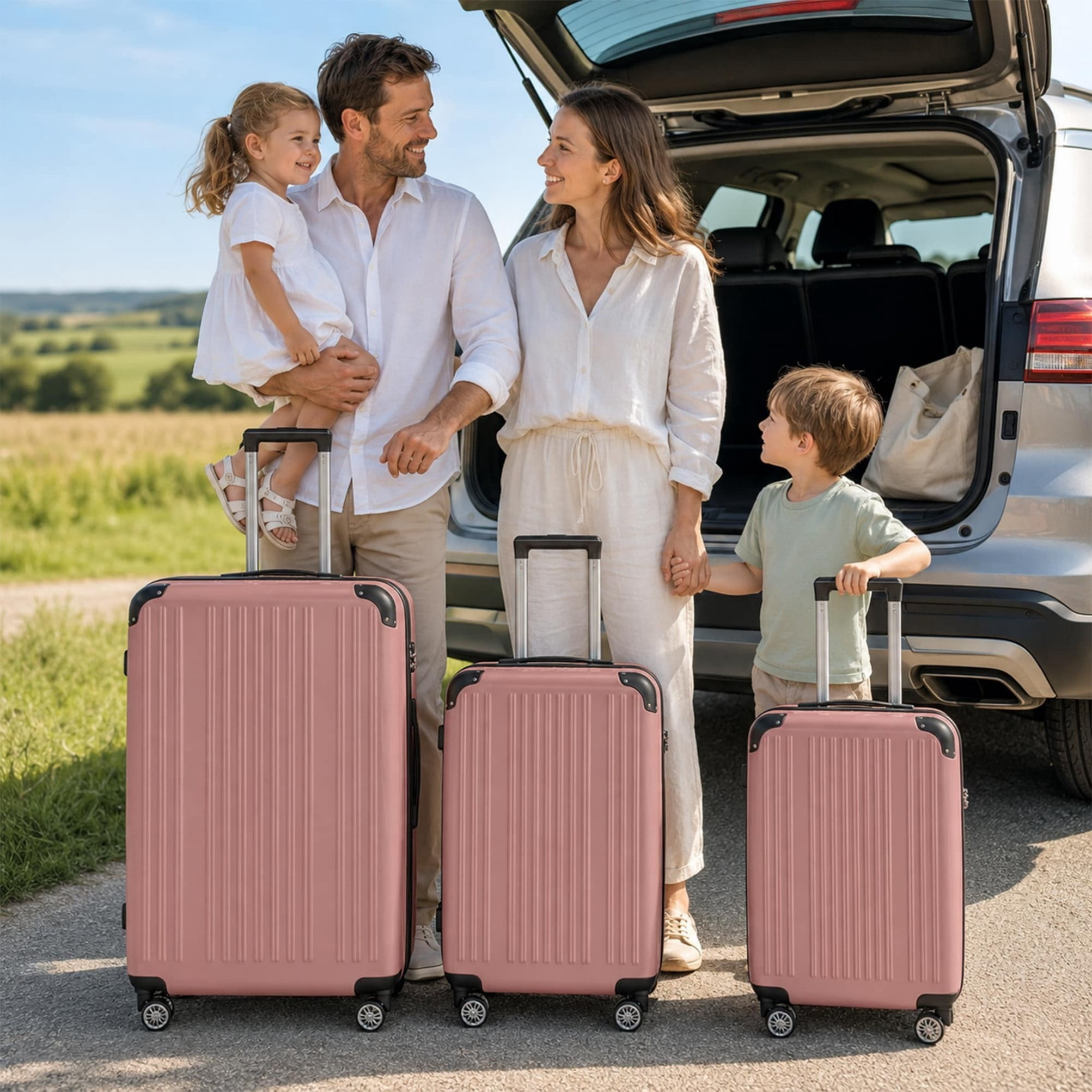 3-Piece ABS Hardshell Luggage Set, 20"/24"/28" Lightweight Suitcases with Metal Corner Guards, TSA Lock, 360° Silent Spinner Wheels & Scratch-Resistant Shell, Dusty Rose Pink