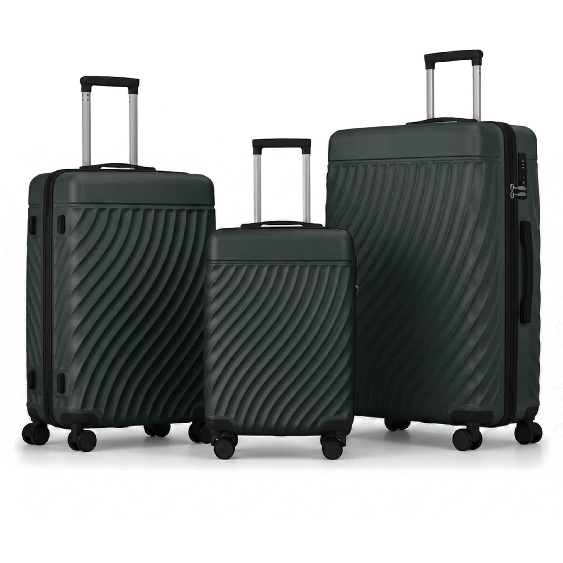 3-Piece ABS Hardshell Luggage Set, Lightweight Durable Suitcases with 4 Silent Spinner Wheels & TSA Lock, Wave-Embossed Scratch-Resistant Shell, 20/24/28 Inch, Dark Green