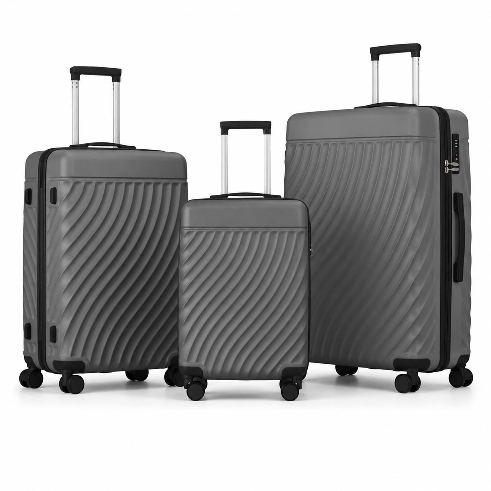 3-Piece ABS Hardshell Luggage Set, Lightweight Durable Suitcases with 4 Silent Spinner Wheels & TSA Lock, Wave-Embossed Scratch-Resistant Shell, 20/24/28 Inch, Ash Grey