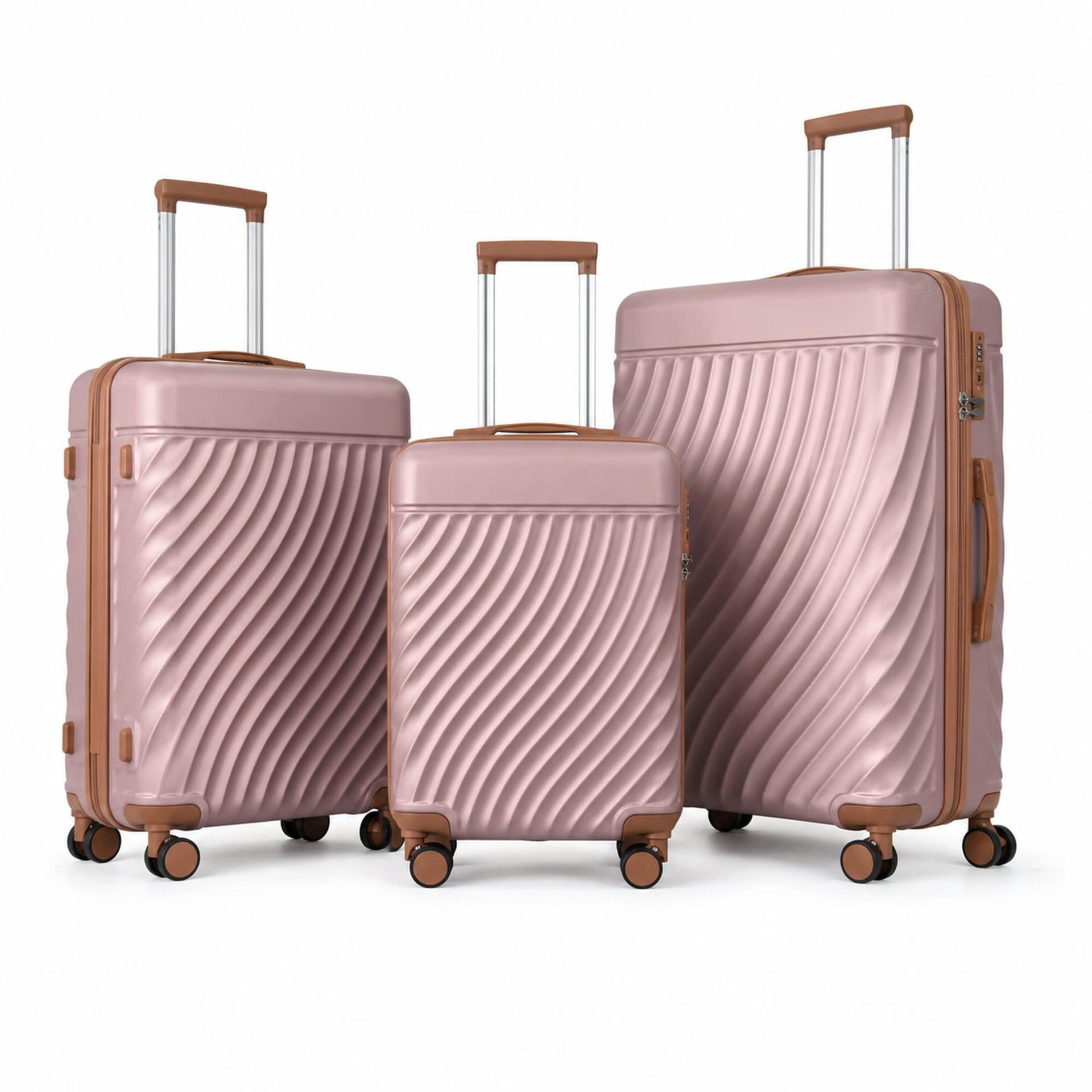 3-Piece ABS Hardshell Luggage Set, Lightweight Durable Suitcases with 4 Silent Spinner Wheels & TSA Lock, Wave-Embossed Scratch-Resistant Shell, 20/24/28 Inch, Rose Gold