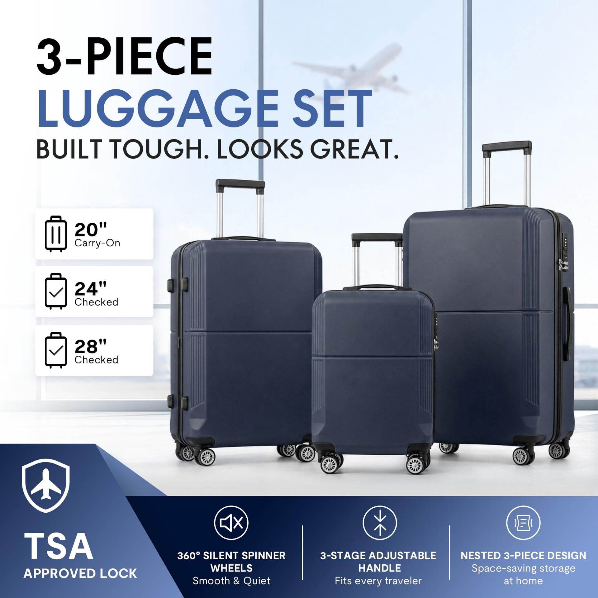 3-Piece ABS Hardshell Luggage Set, Lightweight Durable Suitcases with TSA-Approved Lock, 4 Silent Spinner Wheels & Scratch-Resistant Ribbed Shell, 20"/24"/28", Blue
