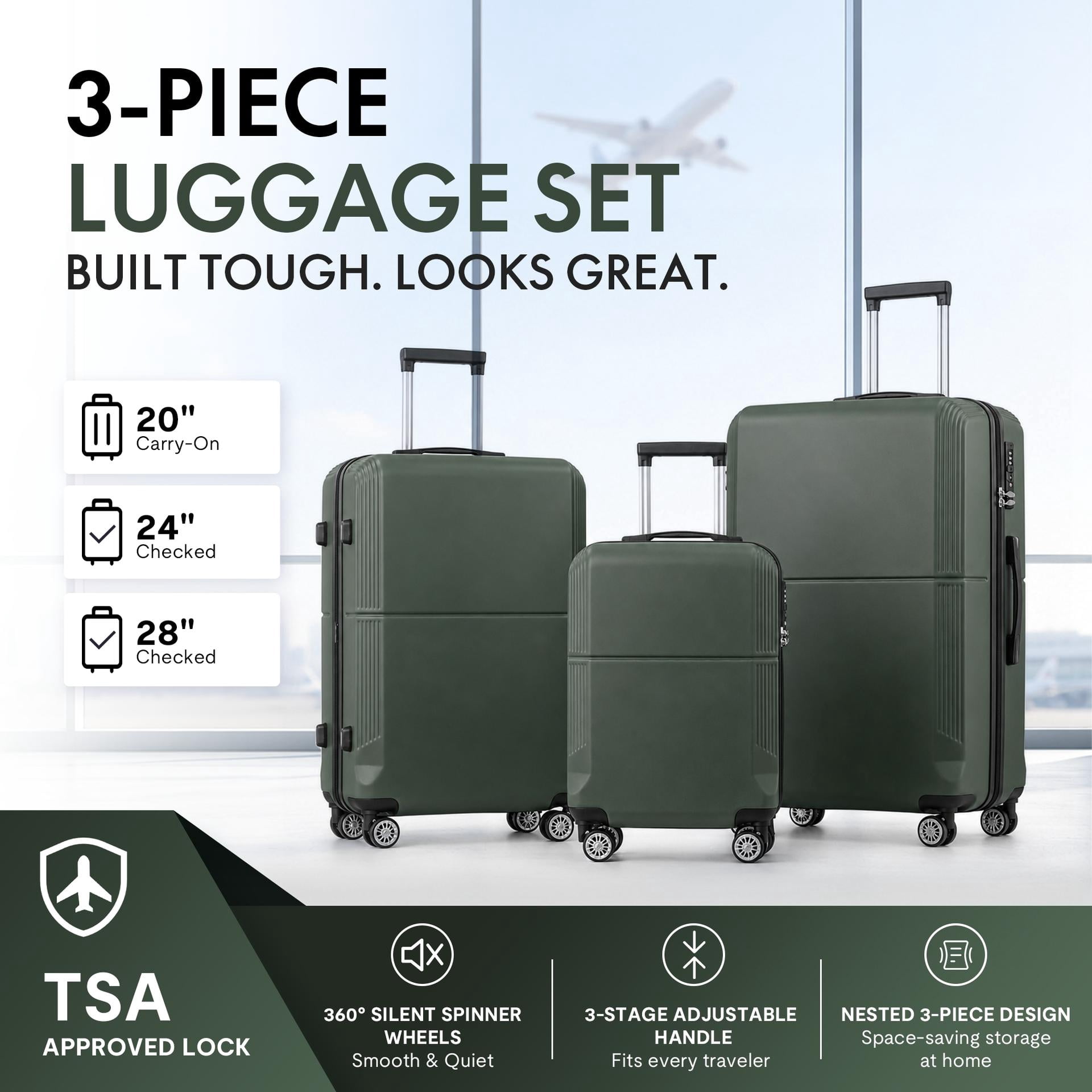3-Piece ABS Hardshell Luggage Set, Lightweight Durable Suitcases with TSA-Approved Lock, 4 Silent Spinner Wheels & Scratch-Resistant Ribbed Shell, 20"/24"/28", Green