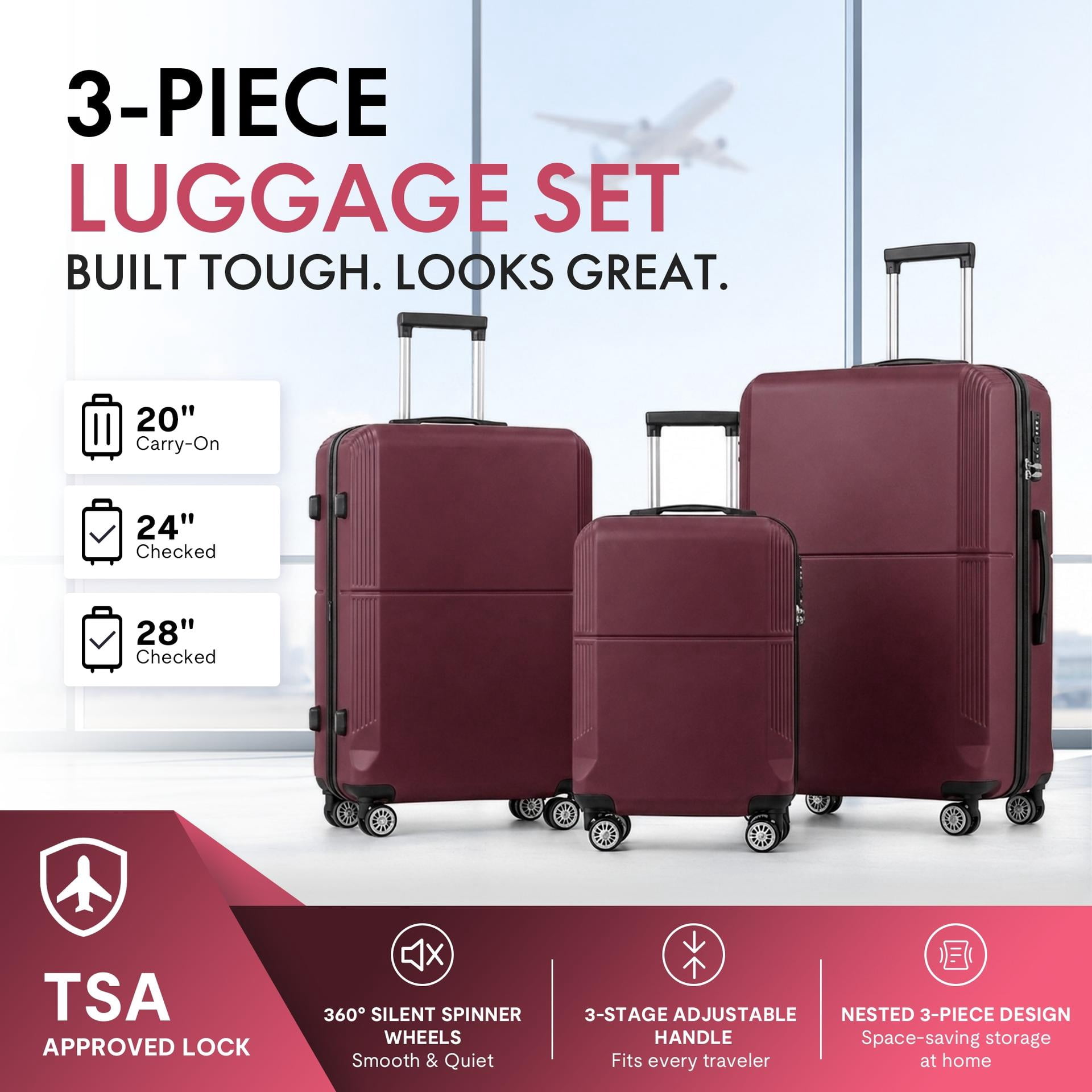 3-Piece ABS Hardshell Luggage Set, Lightweight Durable Suitcases with TSA-Approved Lock, 4 Silent Spinner Wheels & Scratch-Resistant Ribbed Shell, 20"/24"/28", Purple