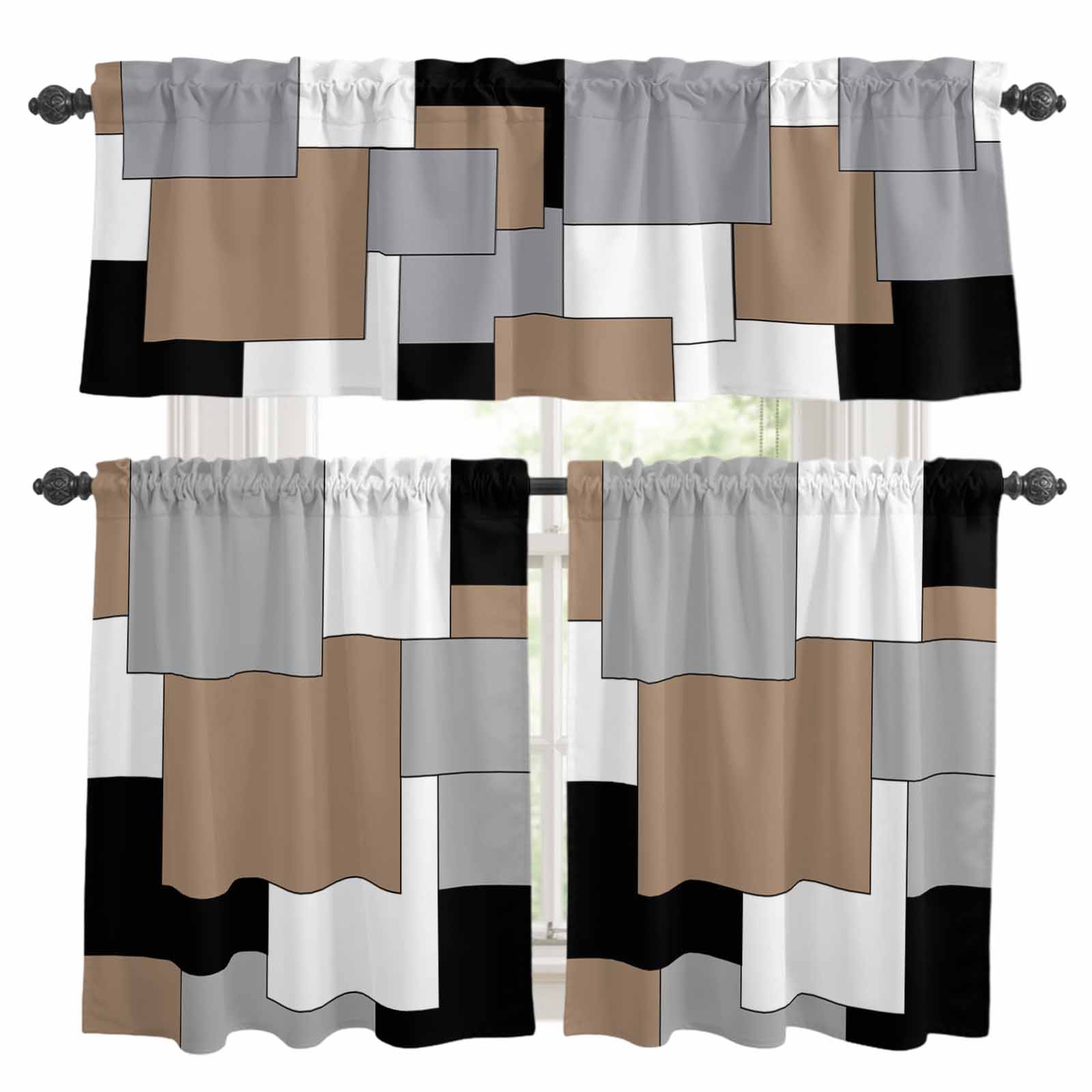 Splices Drapery 3 Piece Abstract Art Kitchen Curtain Valance and Tiers Set Brown Black ...