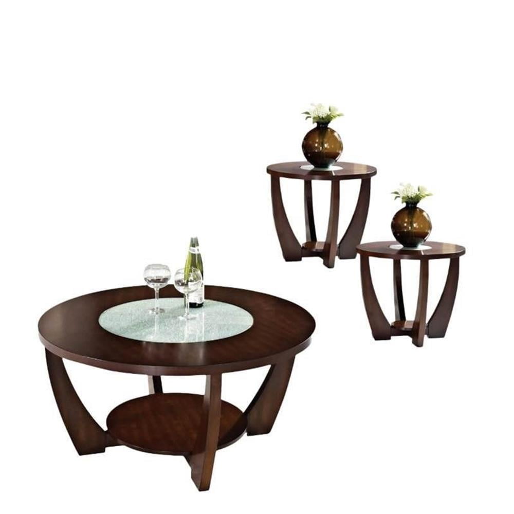 Cherry Finish 3 Piece Coffee Table Set with Glass Inlay
