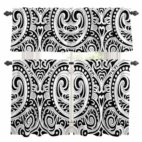 3 Piece Abstract Ethnic Kitchen Curtain Valance and Tiers Set Boho Geometric Trible Black Floral Texture Rod Pocket Tier Curtain 36 Inch Small Window Drapes for Living Room Bedroom Cafe Home Decor