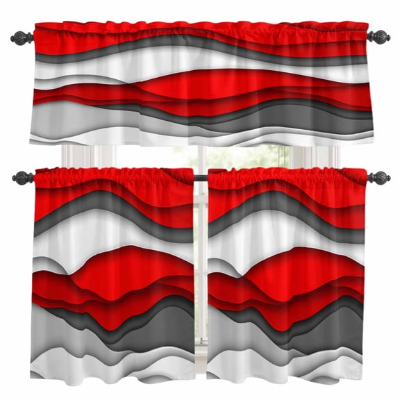 3 Piece Abstract Geometric Kitchen Curtain Valance and Tiers Set Red Gray Gradient Waves Contemporary Rod Pocket Tier Curtain 24 Inch Small Window Drapes for Living Room Bedroom Cafe Home Decor
