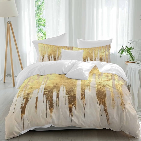 3 Piece Abstract Gold Duvet Cover Set Full Size, Microfiber Comforter/Quilt Cover with Corner Ties and 2 Pillowcases, Modern Brush Luxury Strokes Artwork All Season Soft Bedding with Zipper Closure