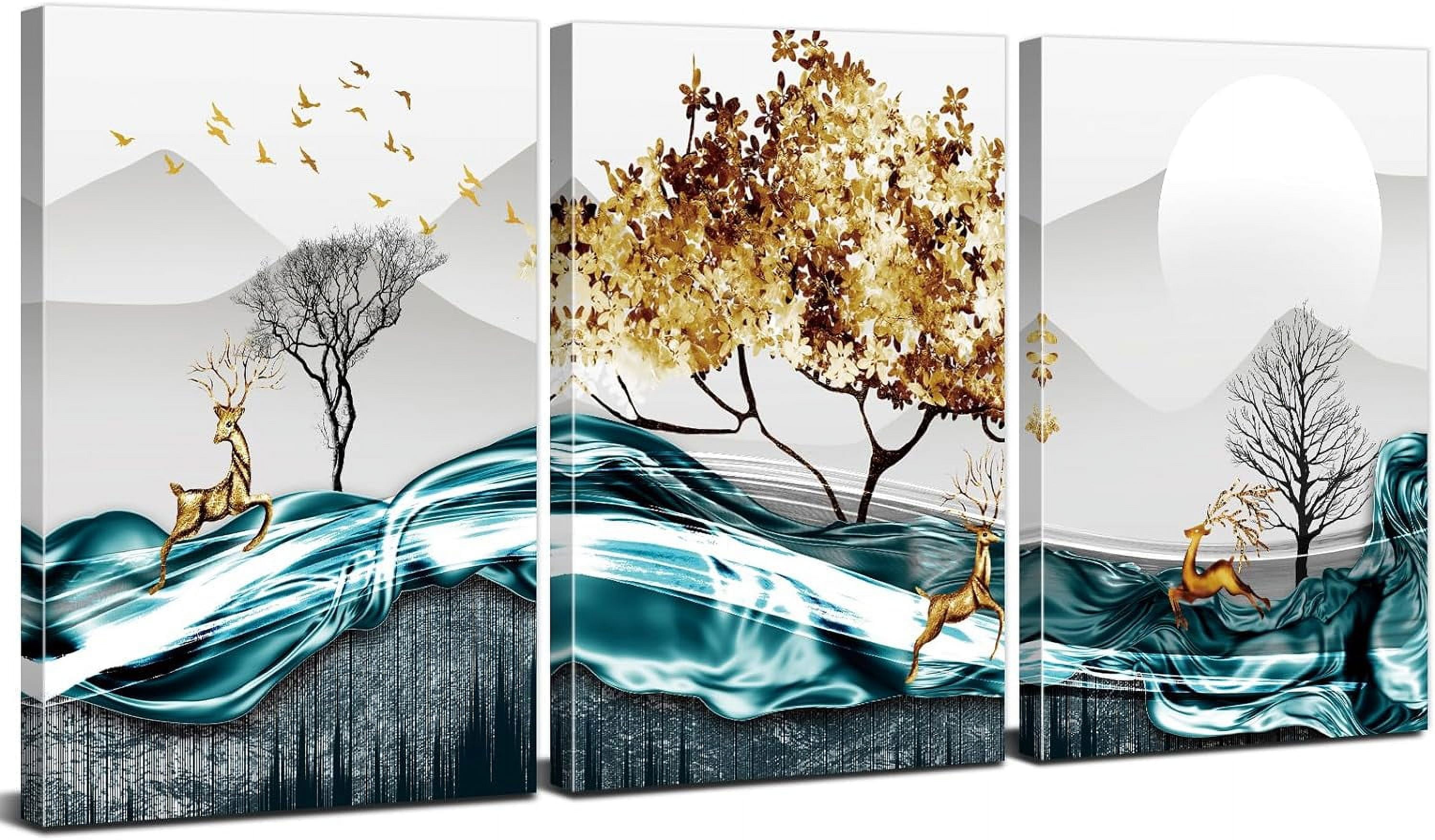 3 Piece Abstract Mountain Wall Art Canvas Teal Gray Decor Geometric ...