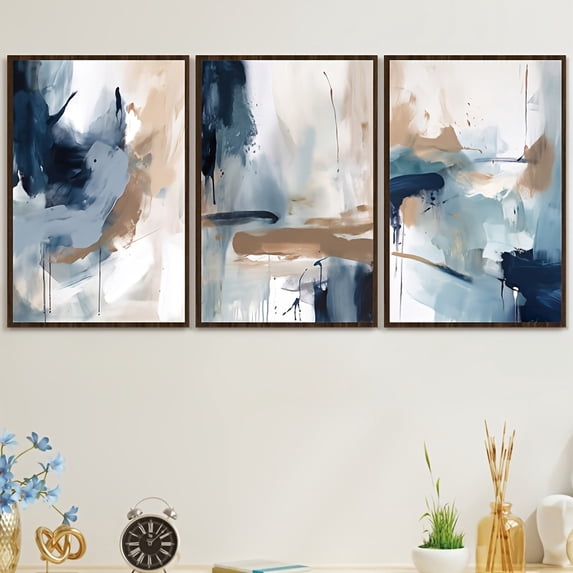 3-Piece Abstract Navy Blue Canvas Print Set, Modern Minimalist Frameless Wall Art Posters for Home and Living Room Decor