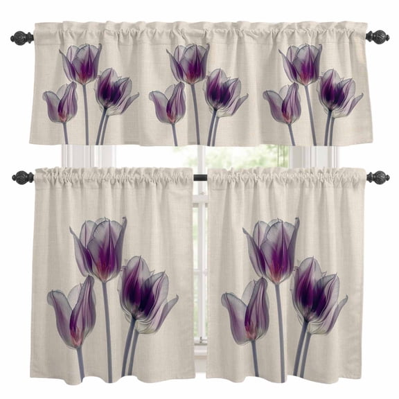 3 Piece Abstract Purple Kitchen Curtain Valance and Tiers Set Tulip Ray Beige Texture Rod Pocket Tier Curtain 24 Inch Small Window Drapes for Living Room Bedroom Cafe Home Decor