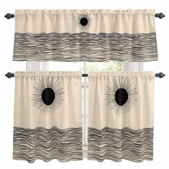 3 Piece Abstract Sun Ocean Kitchen Curtain Valance and Tiers Set Modern Art Rod Pocket Tier Curtain 24 Inch Small Window Drapes for Living Room Bedroom Cafe Home Decor