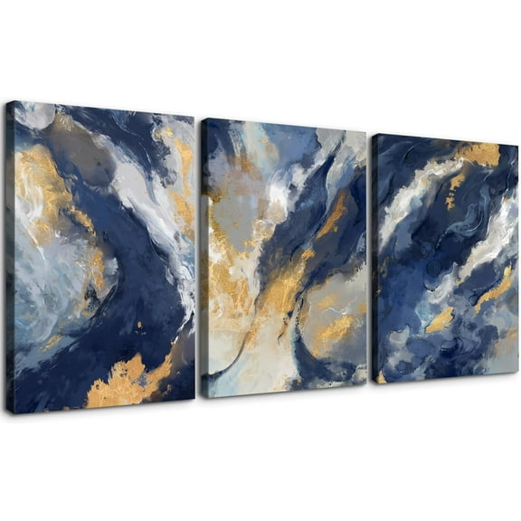 3 Piece Abstract Wall Art Blue and Gold Paintings Minimalist Wall Decor Graffiti Poster Modern Artwork Picture HD Canvas Print,Framed for Living Room Bedroom Bathroom, 12"x16"x3 Panels