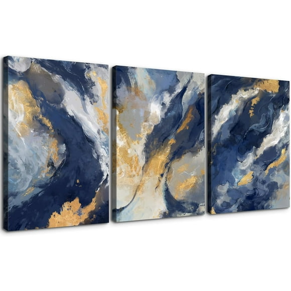 3 Piece Abstract Wall Art Blue and Gold Paintings Minimalist Wall Decor Graffiti Poster Modern Artwork Picture HD Canvas Print,Framed for Living Room Bedroom Bathroom, 12"x16"x3 Panels