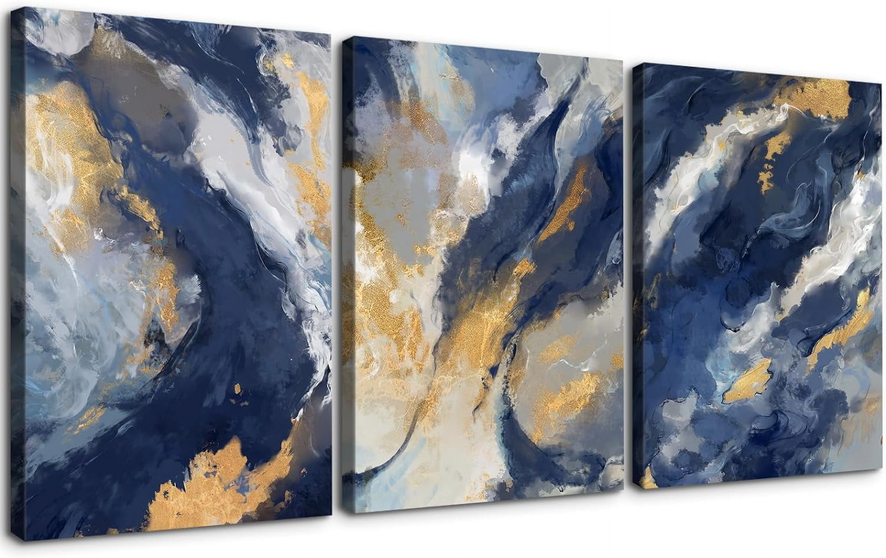 3 Piece Abstract Wall Art Blue and Gold Paintings Minimalist Wall Decor ...