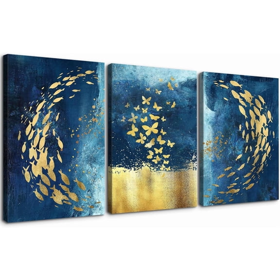 3 Piece Abstract Wall Art Gold Fish and Butterfly Paintings Blue Wall Decor Poster Modern Artwork Picture HD Canvas Print,Framed for Living Room Bedroom Bathroom, 12"x16"x3 Panels