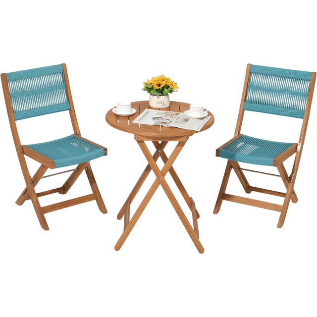 3 Piece Acacia Patio Bistro Set Outdoor Compact Wood Table and Chairs