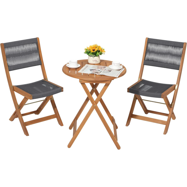 3 Piece Acacia Patio Bistro Set Outdoor Compact Wood Table and Chairs