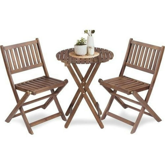 3-Piece Acacia Wood Bistro Set, Folding Patio Furniture w/ 2 Chairs, Table, Teak Finish - Natural