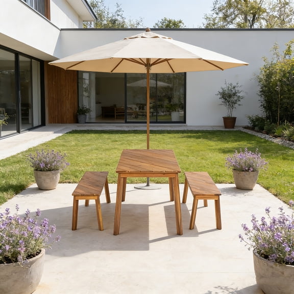 3-Piece Acacia Wood Dining Set with 2 Benches, Indoor Outdoor Patio Picnic Table, Natural Finish