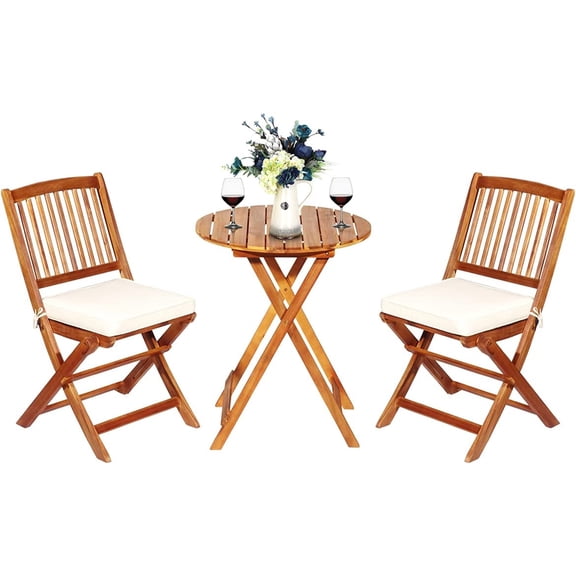 3-Piece Acacia Wood Folding Patio Bistro Set, Small Outdoor Balcony Furniture, Round Coffee Table and 2 Chairs with Soft Cushions, Teak Table Set for Porch, Backyard, Deck (Cream White)