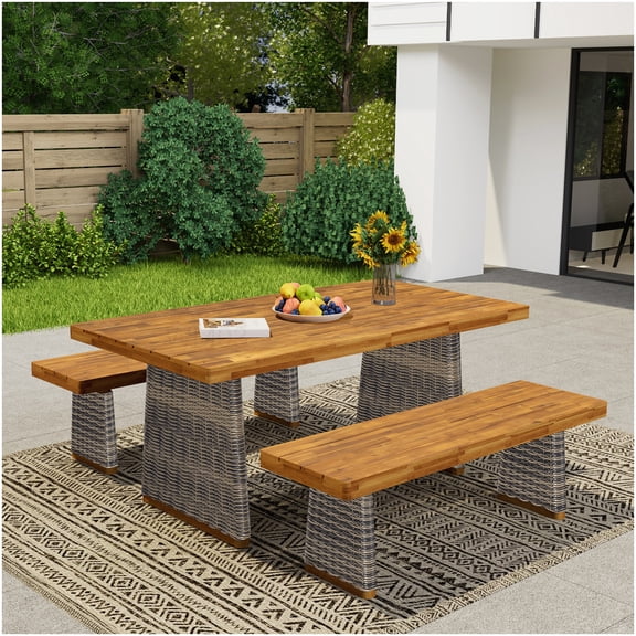 3-Piece Acacia Wood Patio Dining Set with Handwoven Wicker Base, Grey Outdoor Table and Benches