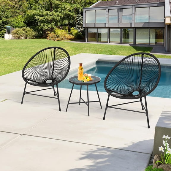 3-Piece Acapulco Outdoor Bistro Set, All-Weather PE Rope Chairs & Tempered Glass Table, Lightweight Patio Furniture for Balcony, Poolside, Small Spaces